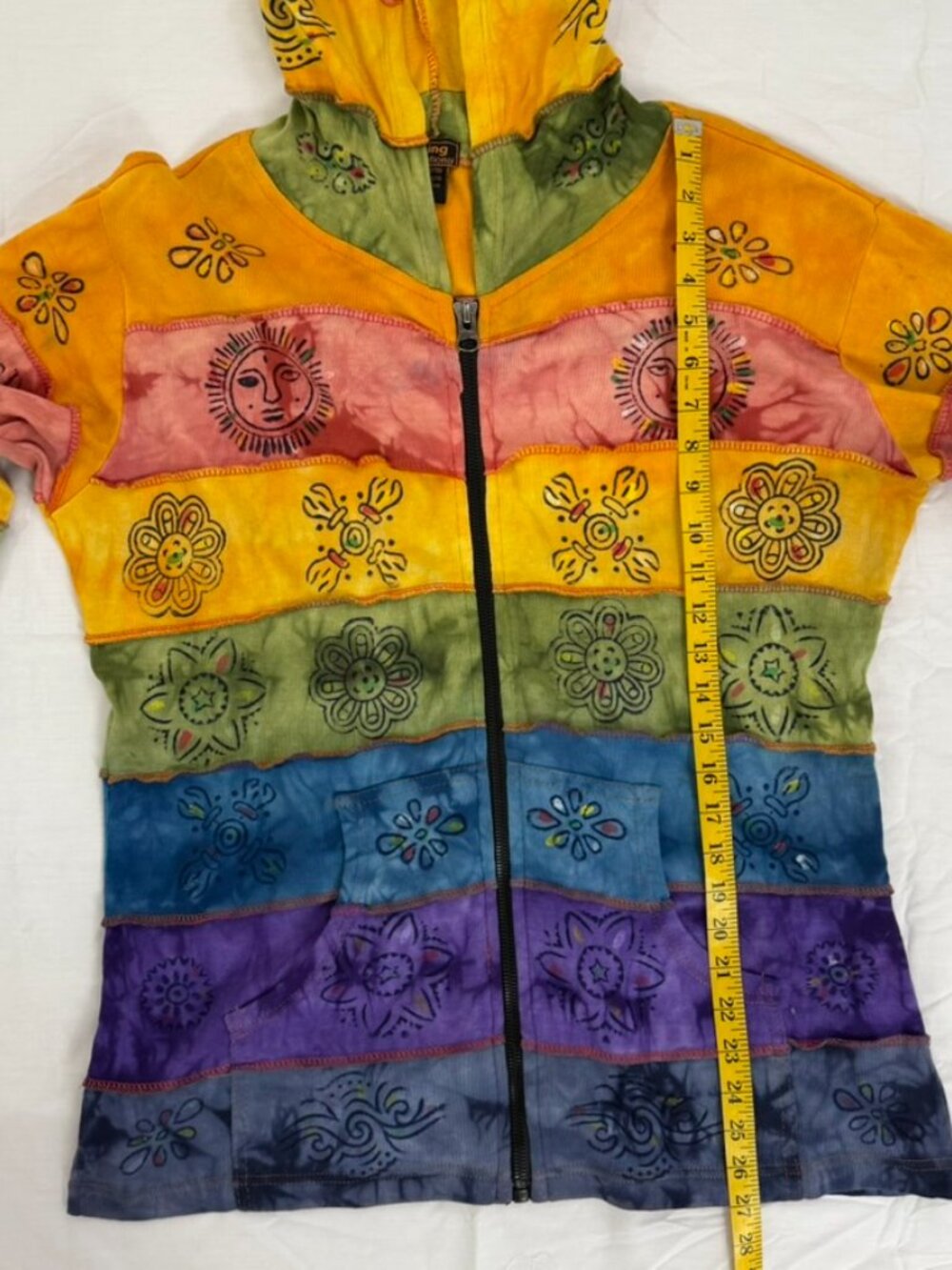 Rising International Rainbow Patchwork Hoodie Women’s XL Boho Hippie Tie Dye - Picture 10 of 10